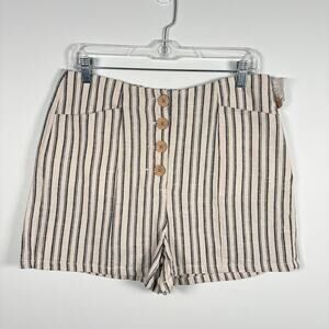 Maurices Natural Linen Cotton Neutral Stripe Wooden Button High Waisted Shorts